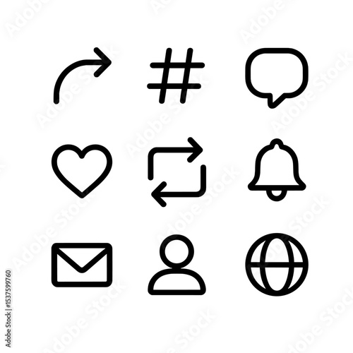 Social Media Icons. Outline icon set of social media sharing: share arrow, hashtag, comment bubble, like heart, repost icon,