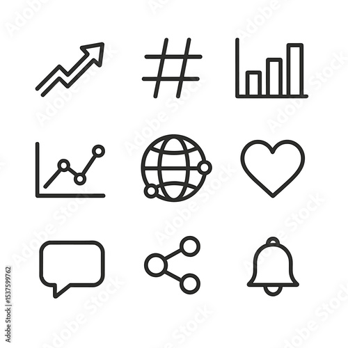 Social Media Icons. Outline icon set of social media trend indicators: trending arrow, hashtag symbol, bar chart, line graph,