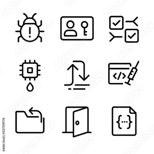 Software Vulnerability Icons. Outline icon set of software vulnerability types: zero-day bug, privilege escalation, race condition