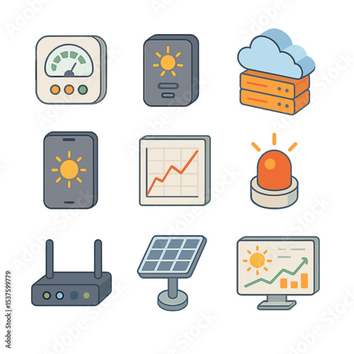Solar Energy Icons. Isometric Flat icon set of solar energy monitoring and performance: energy meter, data logger, smartphone app