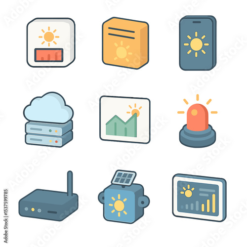 Solar Energy Icons. Isometric Flat icon set of solar energy monitoring and performance: energy meter, data logger, smartphone app