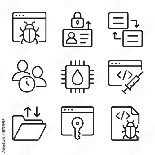 Software Vulnerability Icons. Outline icon set of software vulnerability types: zero-day bug, privilege escalation, race condition