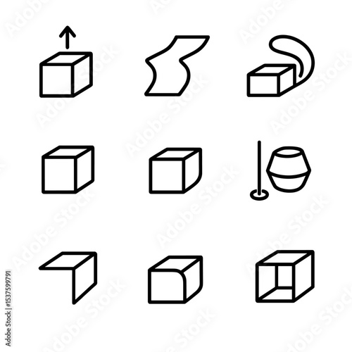 Solid Modeling Icon Set. Outline icon set of solid modeling techniques: extrusion tool, loft feature, sweep path, Boolean union,