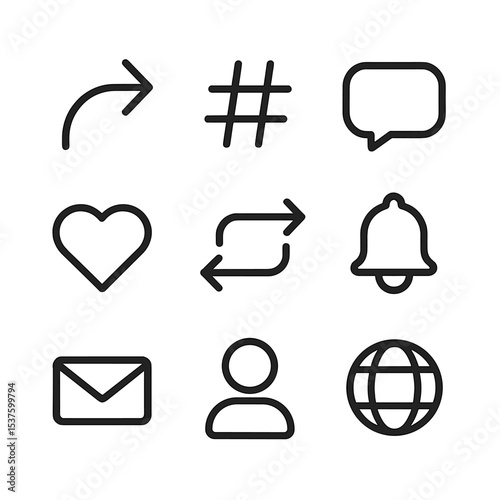 Social Media Icons. Outline icon set of social media sharing: share arrow, hashtag, comment bubble, like heart, repost icon,