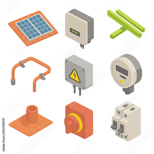 Solar Rooftop Icon Set. Isometric Flat icon set of residential rooftop photovoltaic system: solar panel array, inverter, mounting