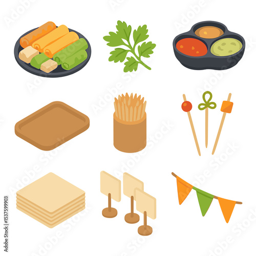 Spring Roll Essentials. Isometric Flat icon set of spring roll party platter essentials: assorted spring rolls, garnish herbs,