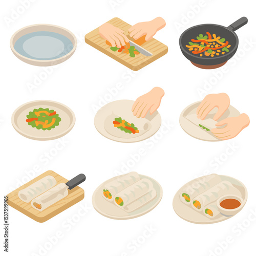 Spring Roll Process Icons. Isometric Flat icon set of spring roll making process steps: soaking rice paper, chopping vegetables,