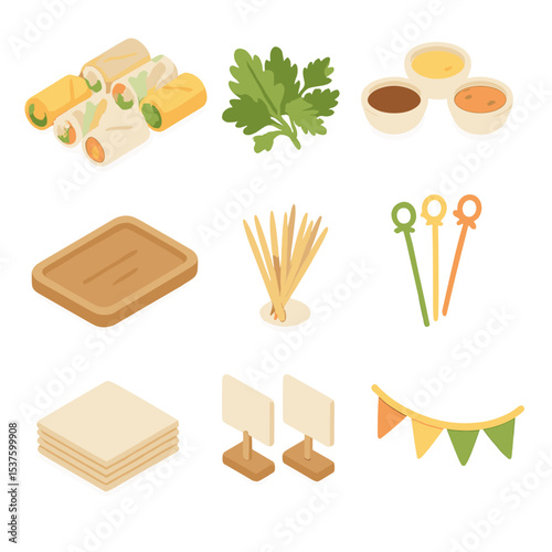 Spring Roll Essentials. Isometric Flat icon set of spring roll party platter essentials: assorted spring rolls, garnish herbs,