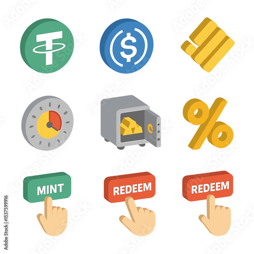 Stablecoin Icon Set. Isometric Flat icon set of stablecoin mechanisms: USDT coin, USDC coin, DAI token, BUSD badge, algorithmic