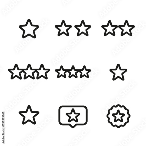 Star Rating Icons. Outline icon set of star rating visuals: one star, two stars, three stars, four stars, five stars, half star,