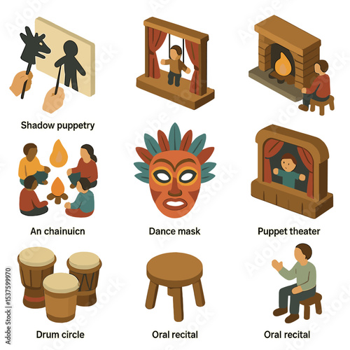 Storytelling Arts Icons. Isometric Flat icon set of storytelling performance arts: shadow puppetry, marionette stage, storytelling