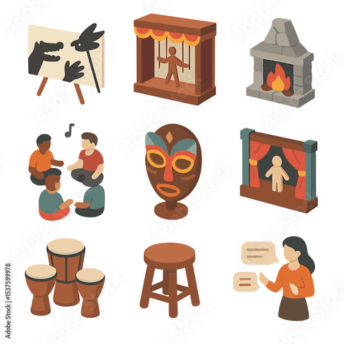 Storytelling Arts Icons. Isometric Flat icon set of storytelling performance arts: shadow puppetry, marionette stage, storytelling