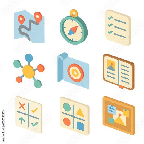 Strategy Tools Icons. Isometric Flat icon set of Goal Planning and Strategy Tools: roadmap map, strategic compass, to-do list,
