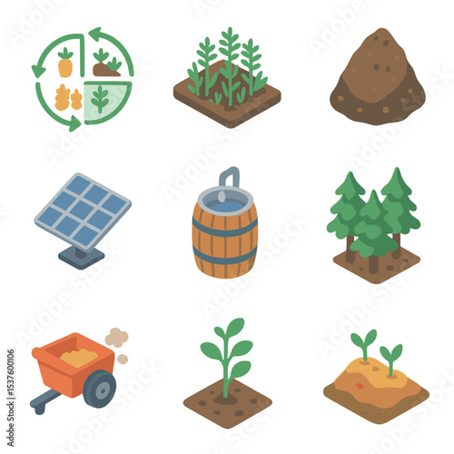 Sustainable Farming Icons. Isometric Flat icon set of sustainable farming practices: crop rotation diagram, cover crop, compost