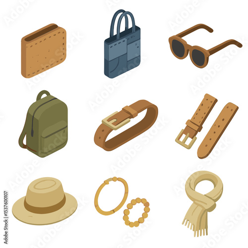 Sustainable Fashion Icons. Isometric Flat icon set of sustainable fashion accessories: cork wallet, upcycled denim tote, wooden