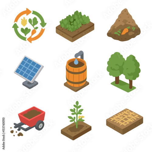 Sustainable Farming Icons. Isometric Flat icon set of sustainable farming practices: crop rotation diagram, cover crop, compost