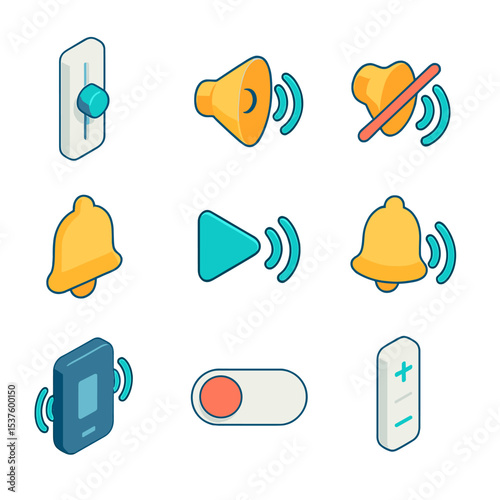 System Volume Icon Set. Isometric Flat icon set of system volume controls: volume slider, speaker icon, mute button, ringtone icon