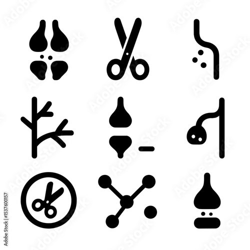 Synaptic Pruning Icons. Solid, Filled icon set of synaptic pruning alteration: synapse icon, scissors, missing connection,