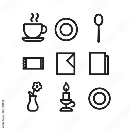 Tabletop Icon Collection. Outline icon set of tabletop items: coffee cup, saucer, teaspoon, sugar packet, napkin, menu card, vase