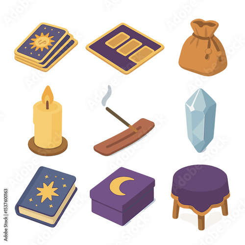 Tarot Reading Icons Set. Isometric Flat icon set of tarot reading accessories: tarot deck, spread mat, cloth pouch, candle,