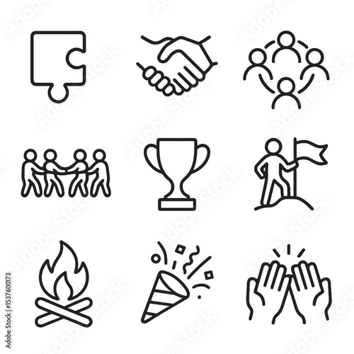 Team Building Icons. Outline icon set of team building workshops: puzzle piece, handshake, group circle, rope pull, trophy, team