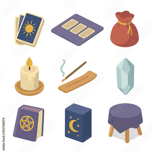 Tarot Reading Icons Set. Isometric Flat icon set of tarot reading accessories: tarot deck, spread mat, cloth pouch, candle,