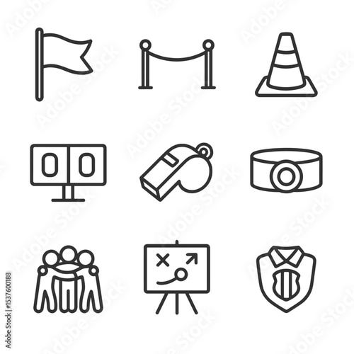 Team Play Icons. Outline icon set of team play elements: team flag, boundary rope, marker cone, scoreboard, whistle, armband,