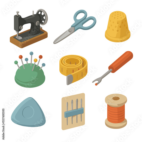 Traditional Sewing Tools Icons. Isometric Flat icon set of traditional sewing tools: vintage sewing machine, fabric scissors,