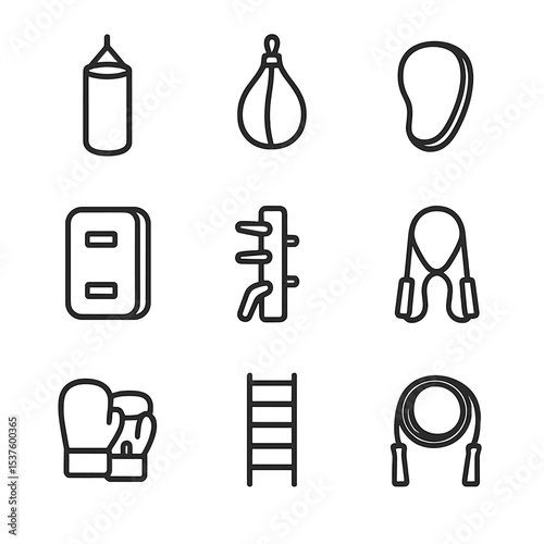 Training Equipment Icons. Outline icon set of training equipment: heavy bag, speed bag, focus mitt, kick shield, wooden dummy,