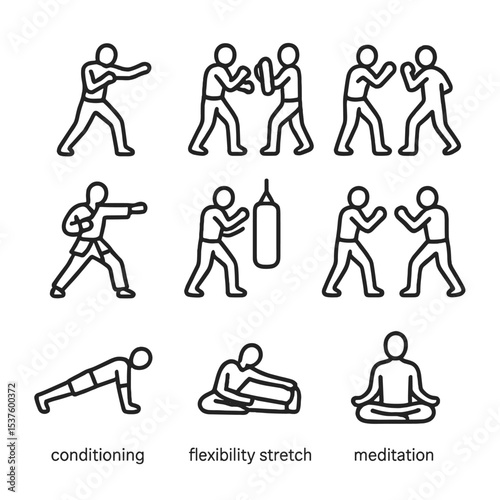 Training Drills Icons. Outline icon set of training drills: shadowboxing, pad work, partner drills, kata form, bag work, sparring
