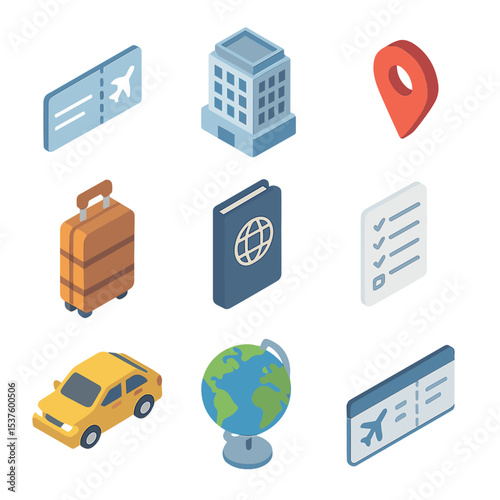 Travel Icon Grid. Isometric Flat icon set of travel booking platform: airplane ticket, hotel building, location pin, suitcase,