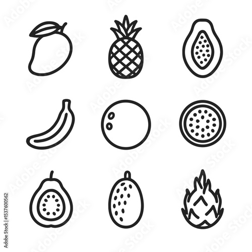 Tropical Fruit Icons. Outline icon set of tropical fruits: mango, pineapple, papaya, banana, coconut, passion fruit, guava,