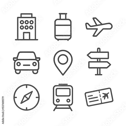 Travel Icon Grid. Outline icon set of accommodation and travel: hotel building, suitcase, car silhouette, airplane, map marker,