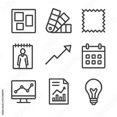 Trend Forecast Icons. Outline icon set of trend forecasting: mood board, color swatch, fabric sample, sketch pad, trend arrow,