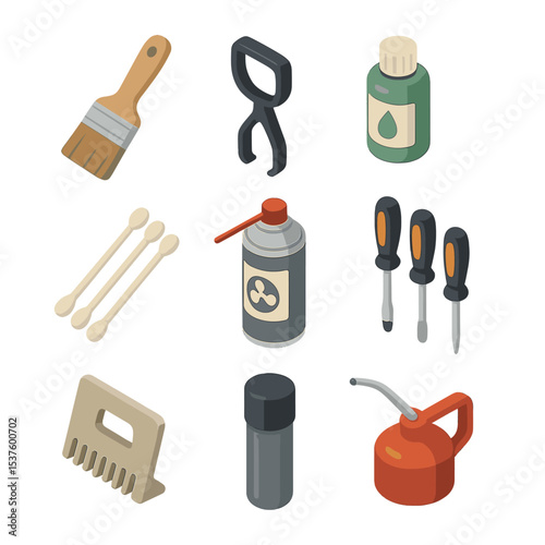 Typewriter Maintenance Tools. Isometric Flat icon set of typewriter maintenance tools: cleaning brush, key cap puller, typebar