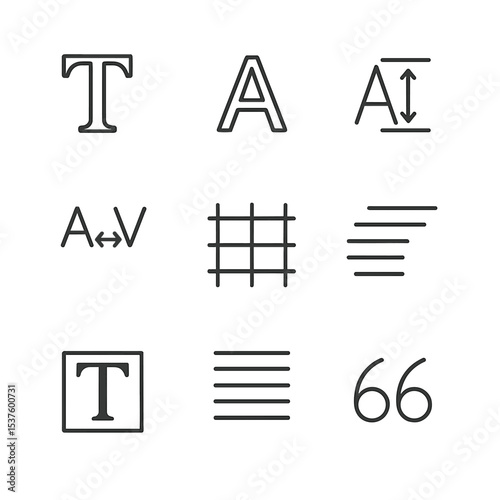 Typography Outline Icons. Outline icon set of typography composition: serif letter, sans-serif letter, leading adjust, kerning