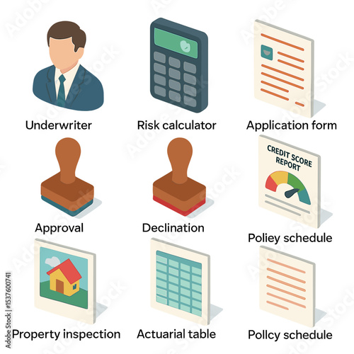 Underwriting Icon Set. Isometric Flat icon set of underwriting process: underwriter avatar, risk calculator, application form,