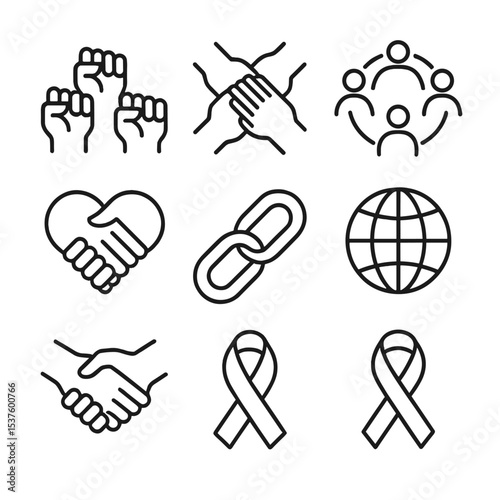 Unity Icon Set. Outline icon set of solidarity and unity: group of fists, joined hands, people circle, globe icon, heart emblem,