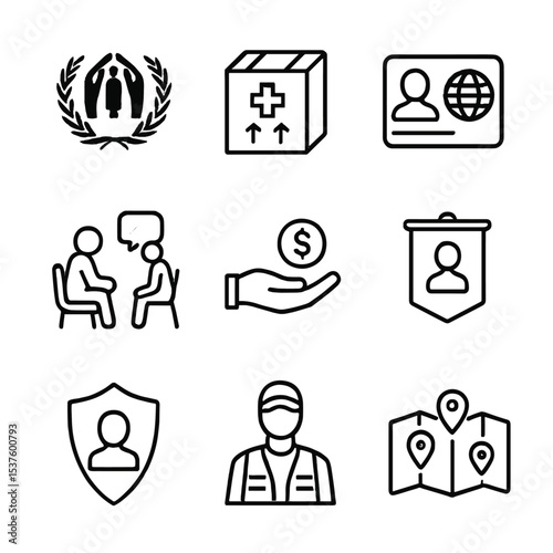 UNHCR Support Icons. Outline icon set of UNHCR support activities: UNHCR logo, aid crate, refugee ID card, counseling session,