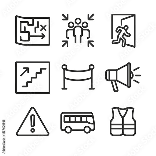 Urban Evacuation Icons. Outline icon set of urban evacuation planning: evacuation route map, assembly point sign, exit door,