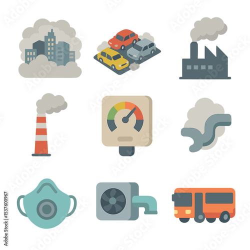 Urban Pollution Icons. Isometric Flat icon set of urban air pollution: city skyline under smog, congested traffic jam, factory