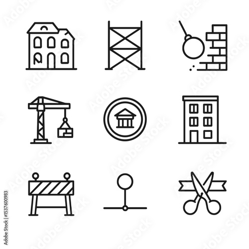 Urban Renewal Icons. Outline icon set of urban renewal projects: old building, scaffolding, demolition wrecking ball, restoration