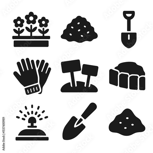 Urban Gardening Icons. Solid, Filled icon set of urban flowerbeds: blooming flowers, mulch, garden spade, gardening gloves, plant