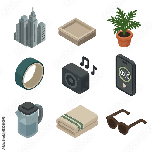 Urban Yoga Icons. Isometric Flat icon set of urban skyline yoga routine: city skyline, rooftop ledge, potted fern, yoga wheel,