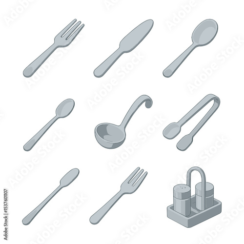 Isometric Utensil Icons. Isometric Flat icon set of restaurant service utensils: steak fork, fish knife, soup spoon, demitasse