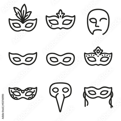 Venetian Mask Icons. Outline icon set of Venetian masquerade masks: feathered mask, metallic mask, half-face mask, eye mask,