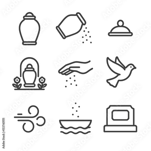 Urn and Memorial Icons. Outline icon set of urns and ashes memorials: urn silhouette, ash scattering icon, urn lid, memorial