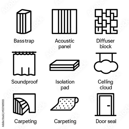 Acoustic Treatment Icons. Outline icon set of acoustic treatment features: bass trap, acoustic panel, diffuser block, soundproof