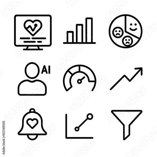 AI Analytics Icon Set. Outline icon set of AI empathy analytics: dashboard screen, bar chart, sentiment pie, user profile, score