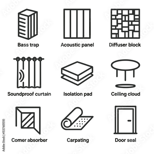 Acoustic Treatment Icons. Outline icon set of acoustic treatment features: bass trap, acoustic panel, diffuser block, soundproof